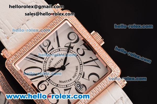 Franck Muller Master Square Swiss Quartz Rose Gold Case with Diamond bezel and White Leather Strap - Click Image to Close